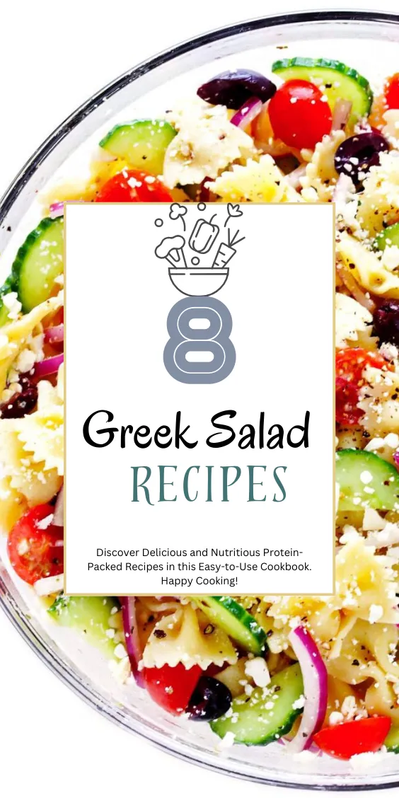 A colorful bowl of Greek pasta salad, featuring fusilli pasta, cherry tomatoes, cucumber, Kalamata olives, feta cheese, and a tangy Greek dressing.