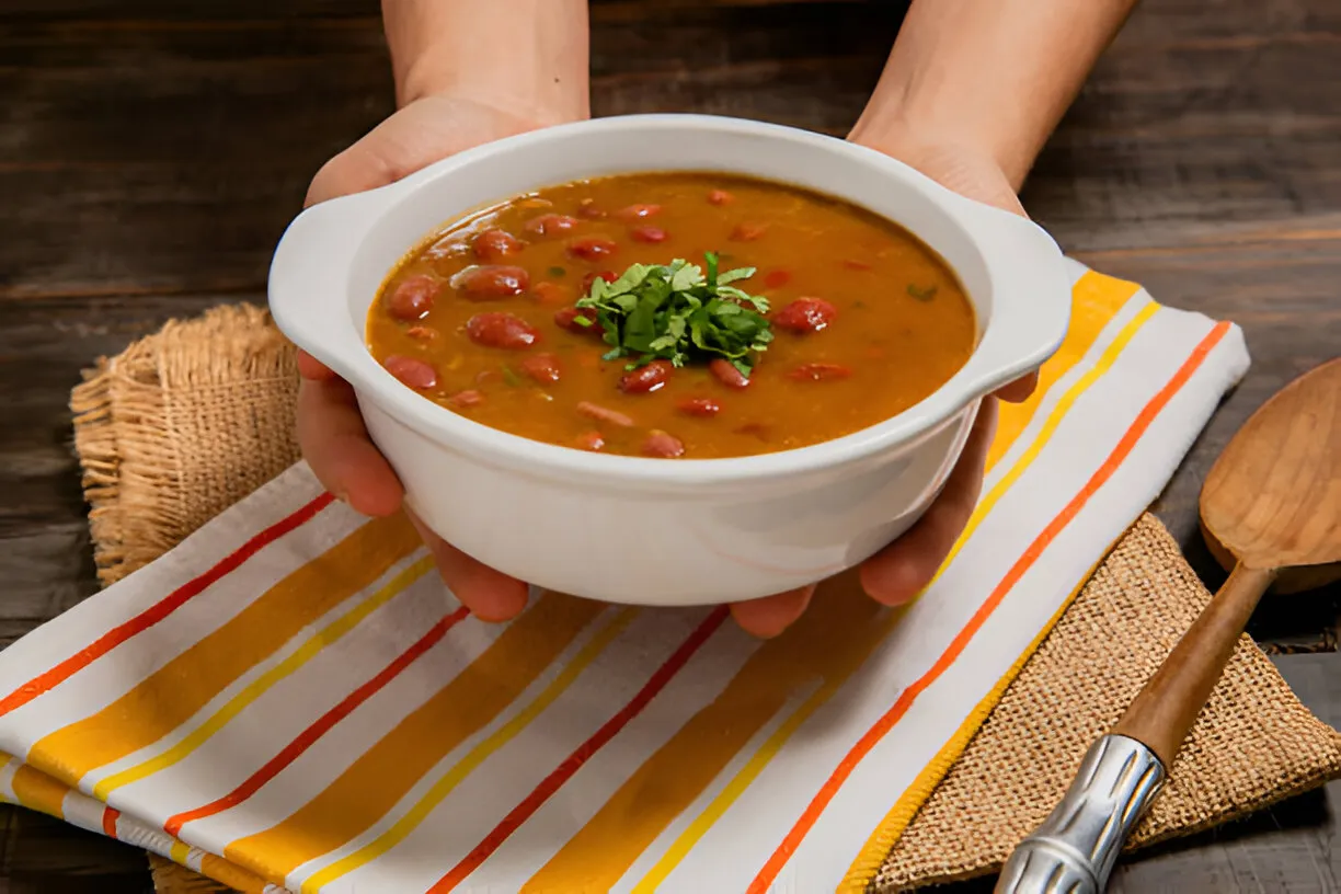 A hearty bowl of bean soup with diced ham, carrots, celery, and tomatoes, garnished with fresh herbs.