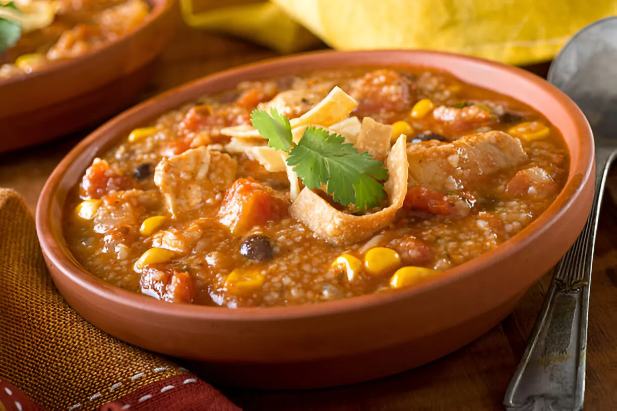 A bowl of hearty chicken tortilla soup garnished with crispy tortilla strips, avocado slices, and fresh cilantro.