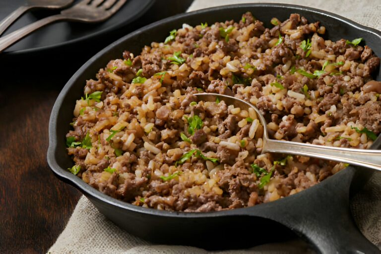 A close-up of a skillet filled with a mixture of ground beef, rice, and chopped herbs.
