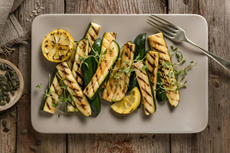 Grilled zucchini and lemon slices garnished with fresh herbs on a grey plate.