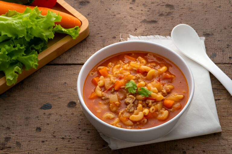 Bowl of hearty soup with macaroni, vegetables, and meat, accompanied by fresh ingredients including lettuce and a carrot.