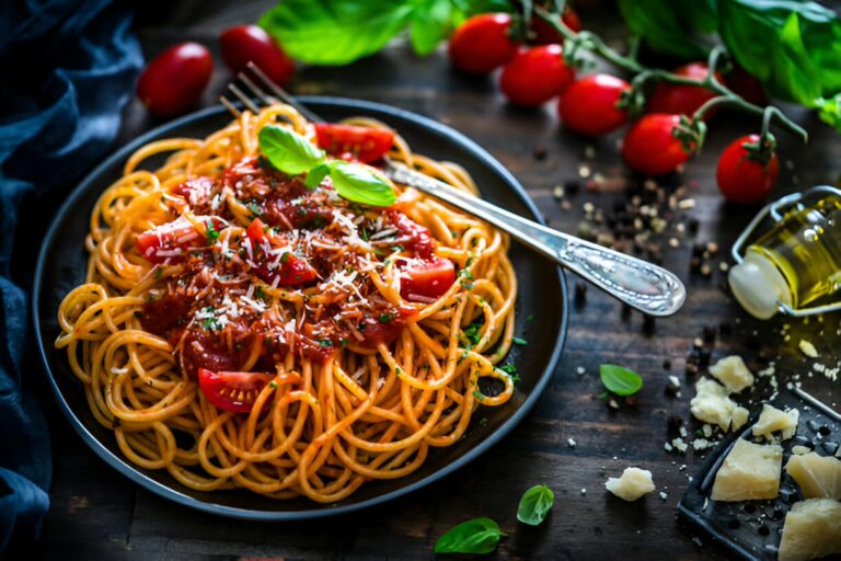 A plate of spaghetti topped with tomato sauce, cherry tomatoes, and fresh basil, surrounded by kitchen ingredients.