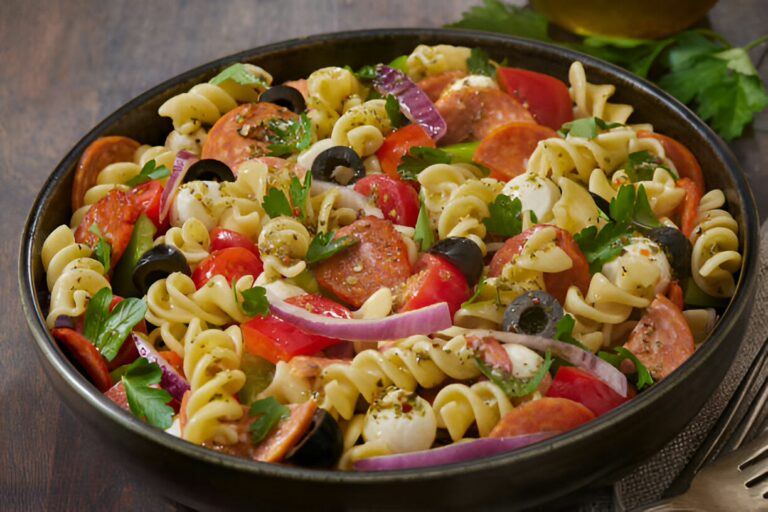 A vibrant bowl of pasta salad featuring rotini, sliced pepperoni, olives, tomatoes, and herbs.