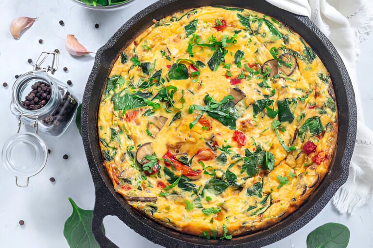 A colorful vegetable frittata with spinach, tomatoes, and herbs in a cast iron skillet