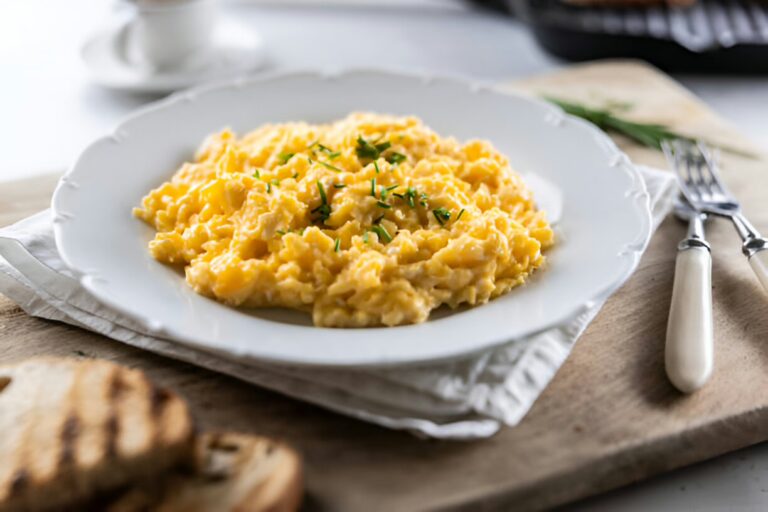 A plate of creamy scrambled eggs garnished with chopped chives, served on a white plate with toasted bread in the foreground.