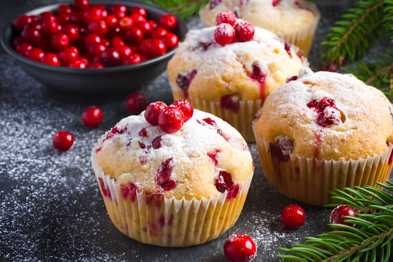 Freshly baked cranberry muffins dusted with powdered sugar, surrounded by cranberries and green pine leaves.