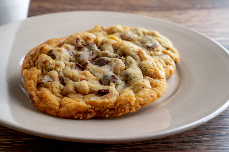 Two freshly baked cookies on a white plate with a glass of milk in the background