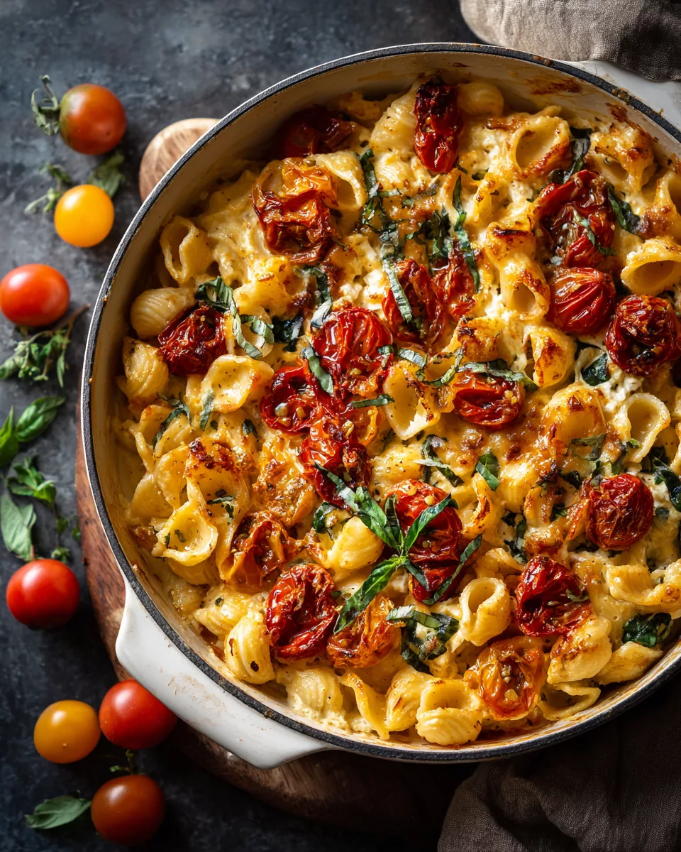 Baked feta pasta with roasted tomatoes and basil