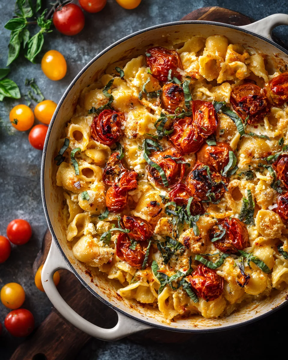 Baked feta pasta with roasted tomatoes and basil