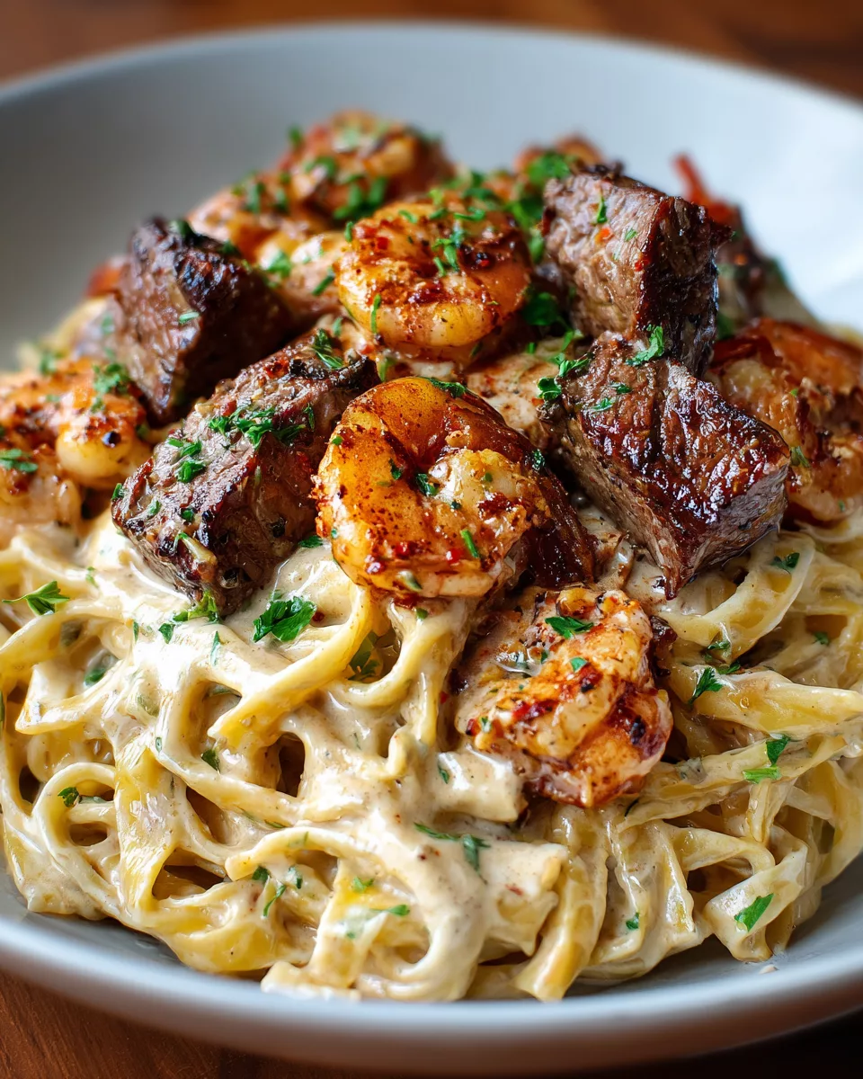 Cajun Shrimp and Steak Alfredo Pasta