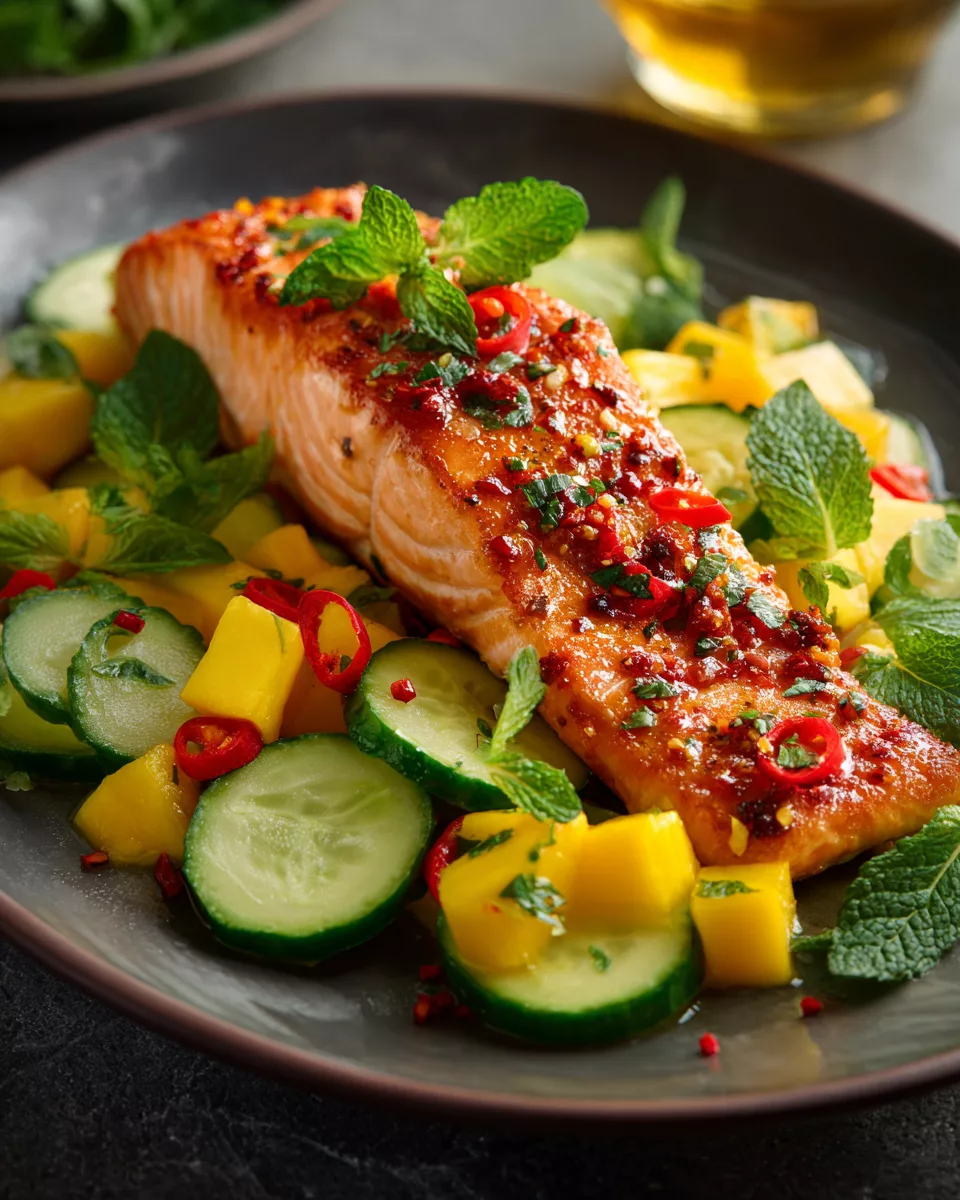 Chile-Garlic Salmon with Mango and Cucumber Salad