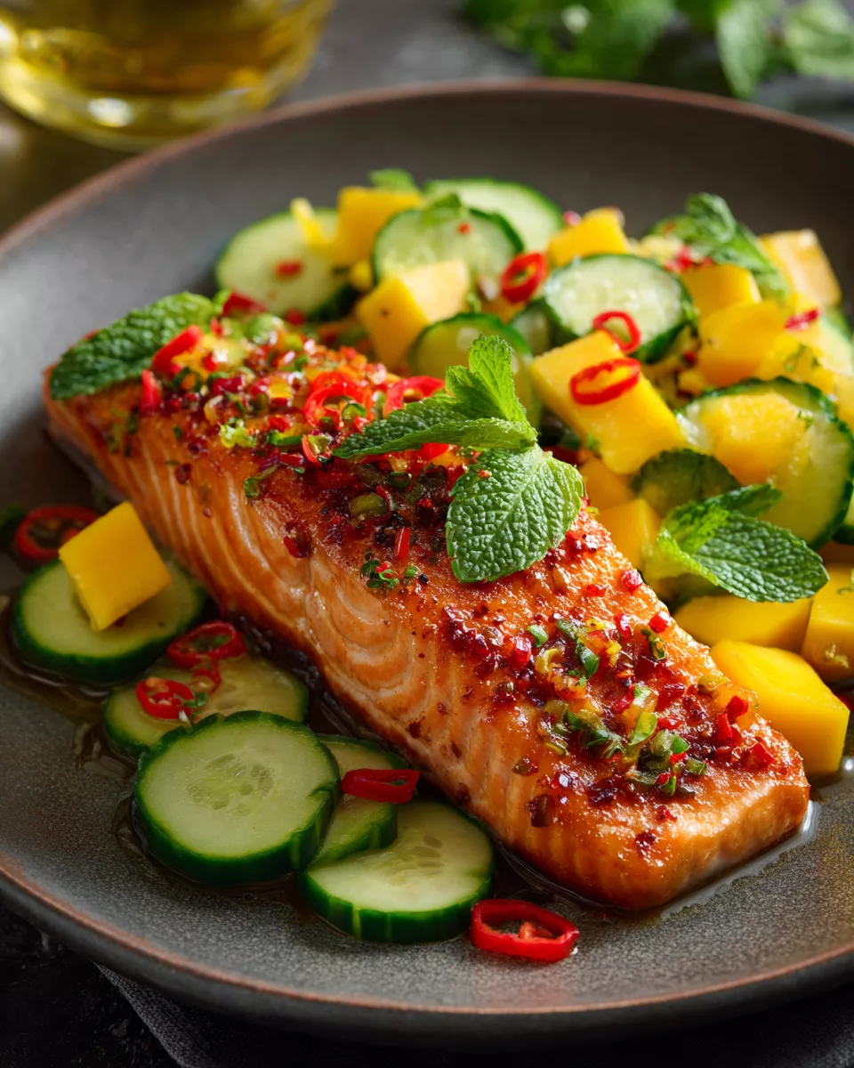 Chile-Garlic Salmon with Mango and Cucumber Salad