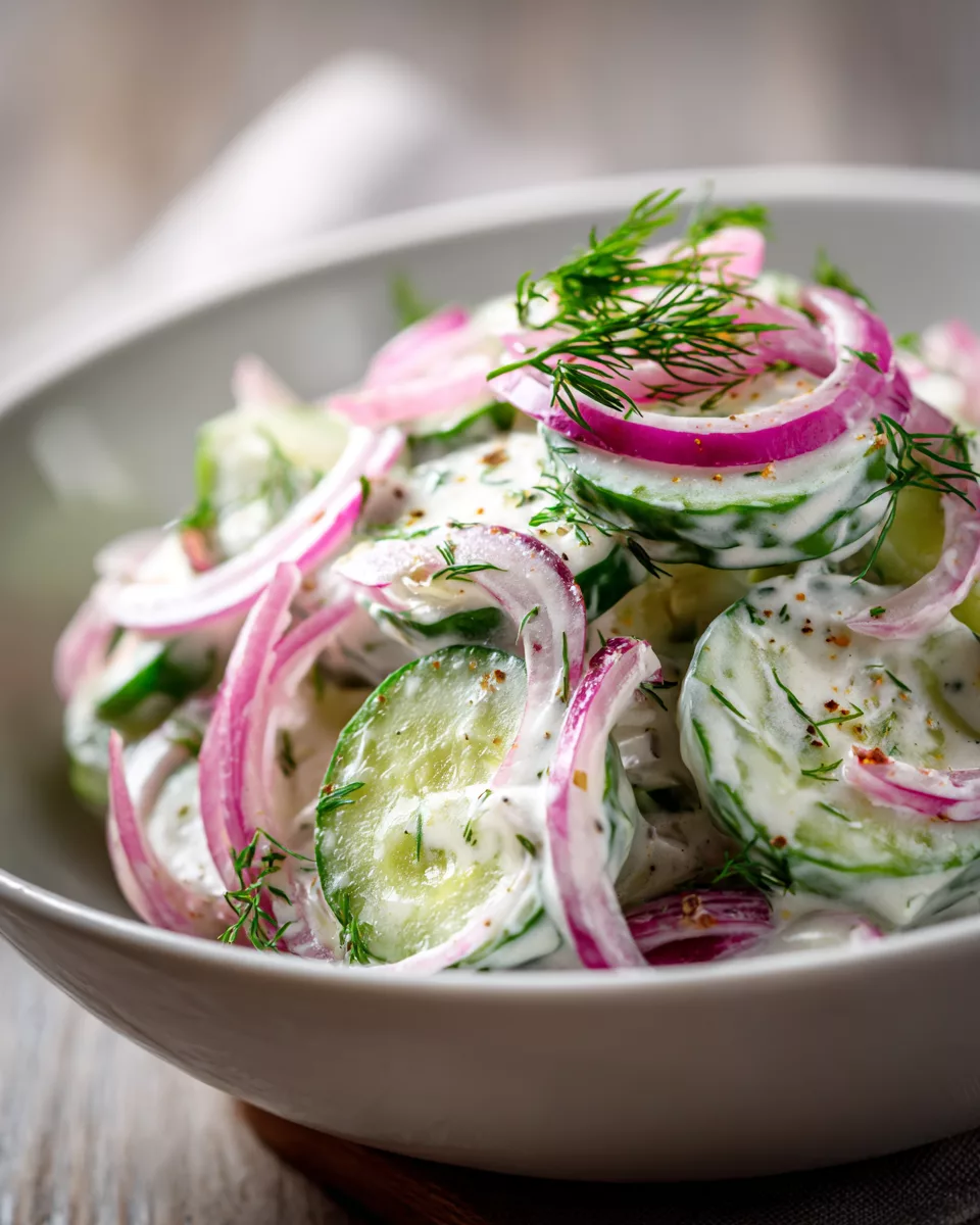 Creamy Cucumber Salad with Dill and Red Onion