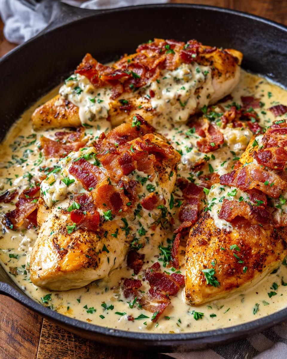 Creamy Garlic Chicken Breasts Recipe With Crispy Bacon