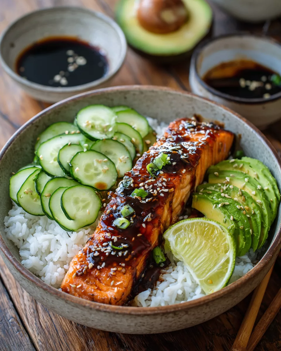 Easy Teriyaki-Glazed Salmon, Cucumber, and Avocado Rice Bowls