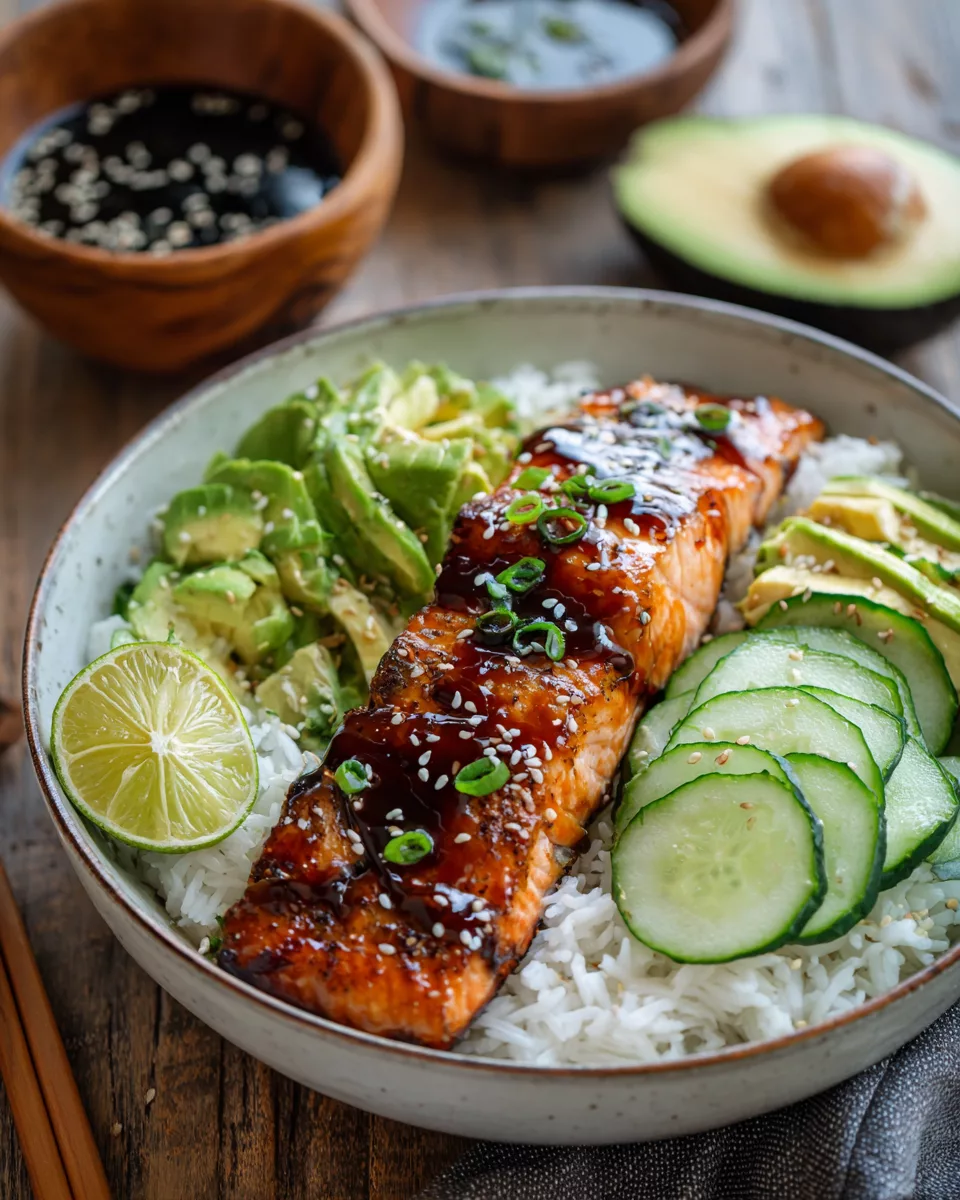Easy Teriyaki-Glazed Salmon, Cucumber, and Avocado Rice Bowls