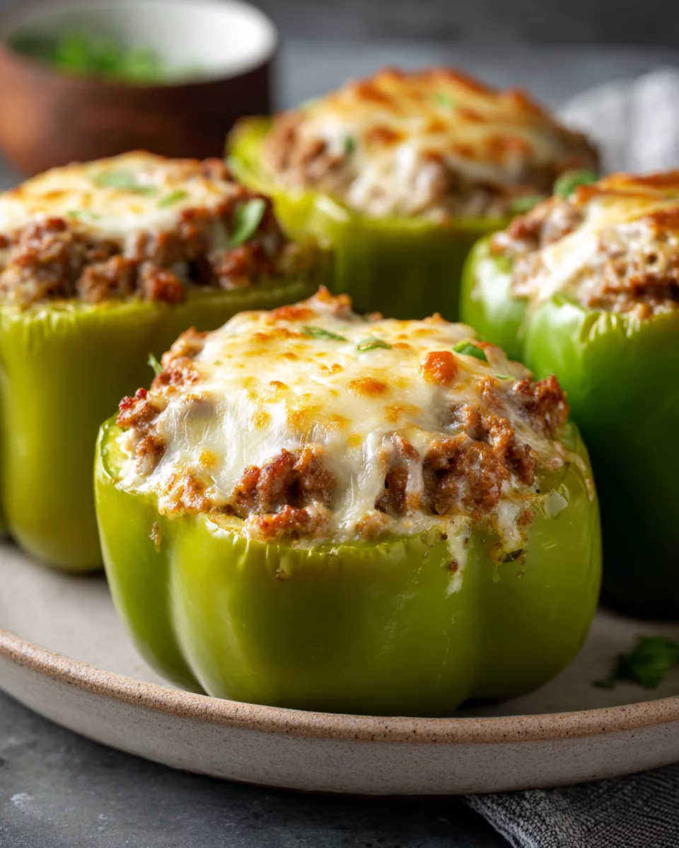 Ground Beef Stuffed Green Bell Peppers with Cheese