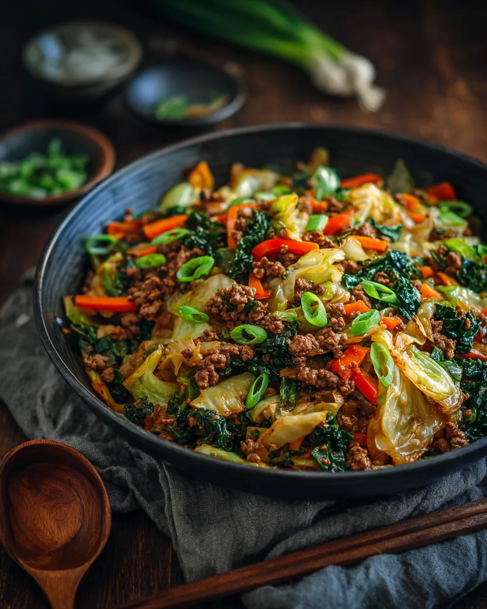 Healthy Chinese Ground Beef and Cabbage Stir Fry