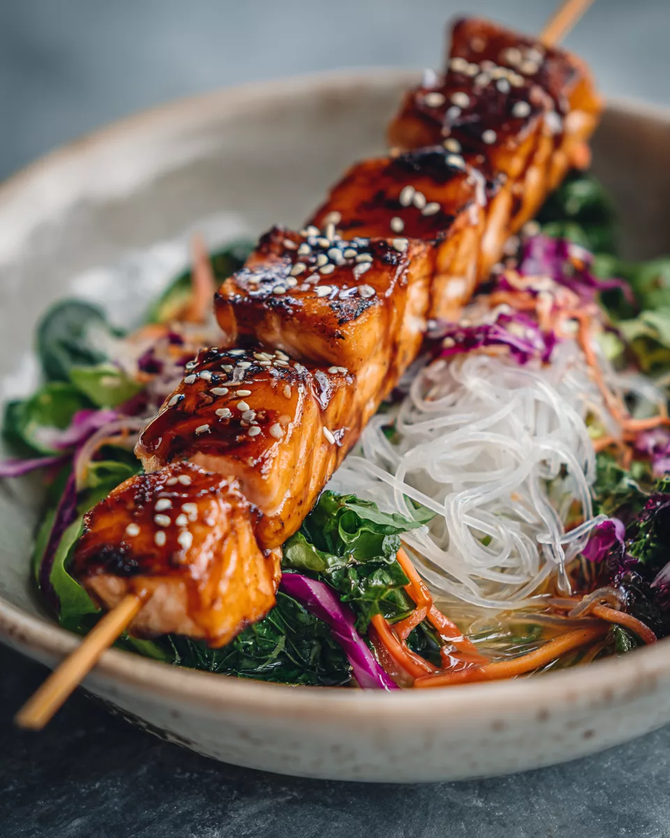 Teriyaki Salmon Skewer Rice Noodle Salad