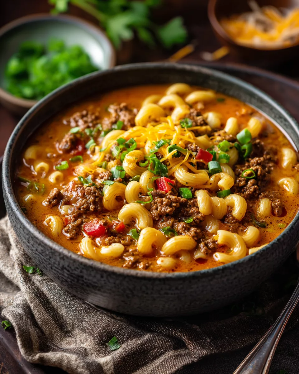 One-Pot Cheeseburger Macaroni Soup
