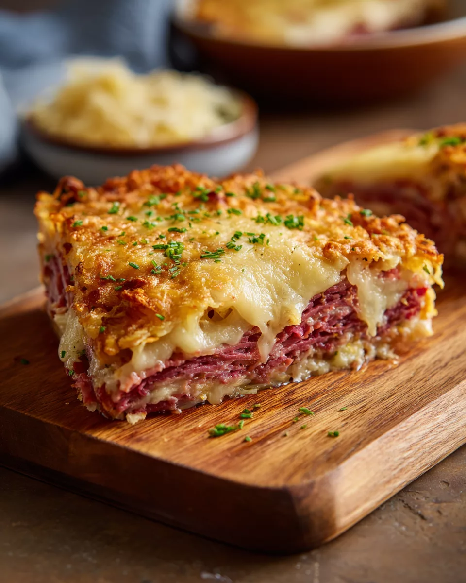 Reuben Bake with Layers of Corned Beef, Sauerkraut, and Swiss Cheese