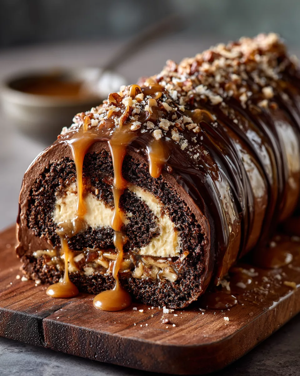Turtle Caramel Chocolate Cake Roll