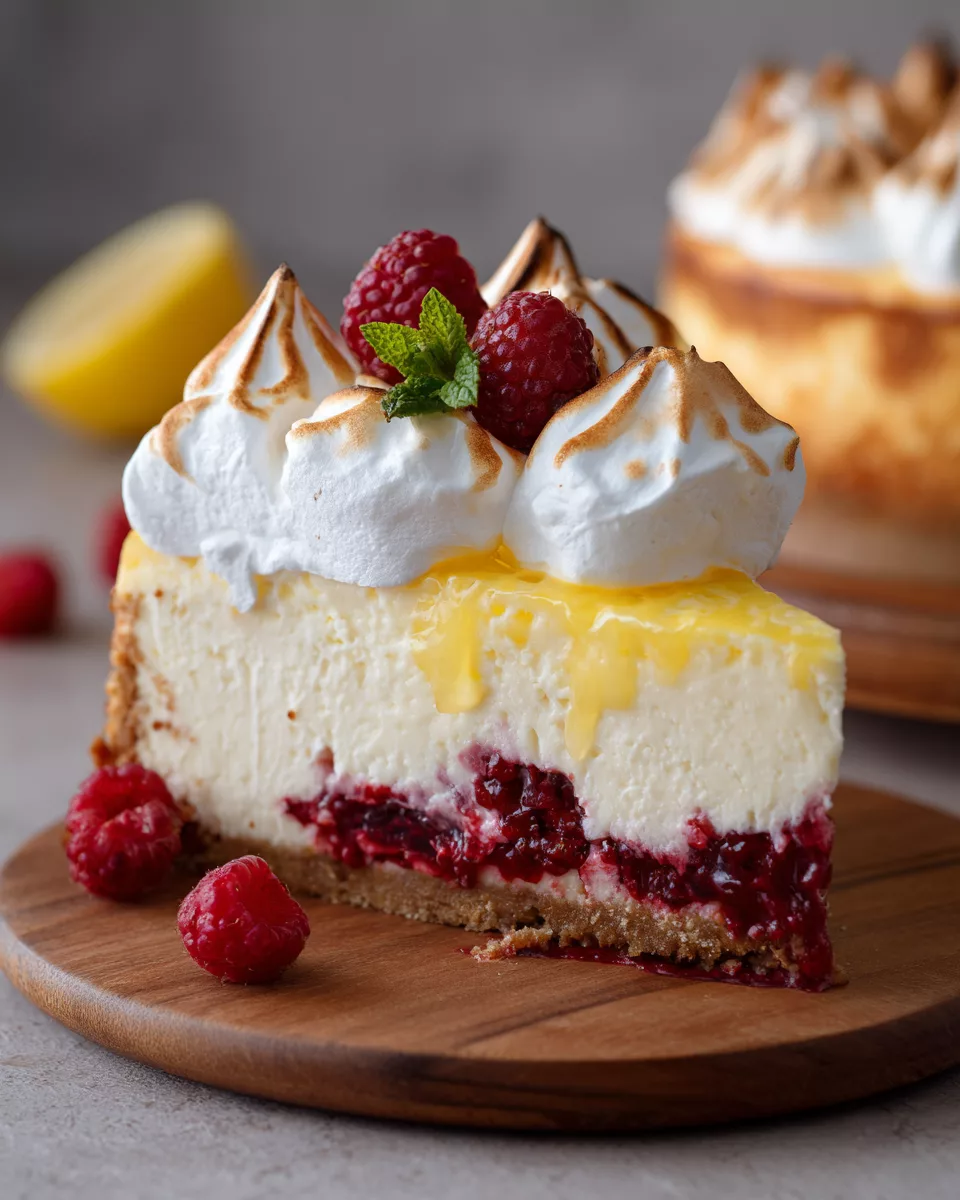 Heavenly Lemon Raspberry Meringue Cheesecake