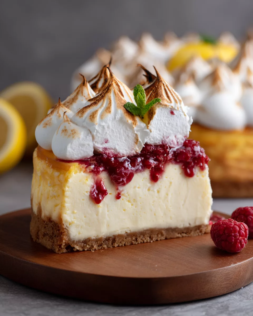 Heavenly Lemon Raspberry Meringue Cheesecake