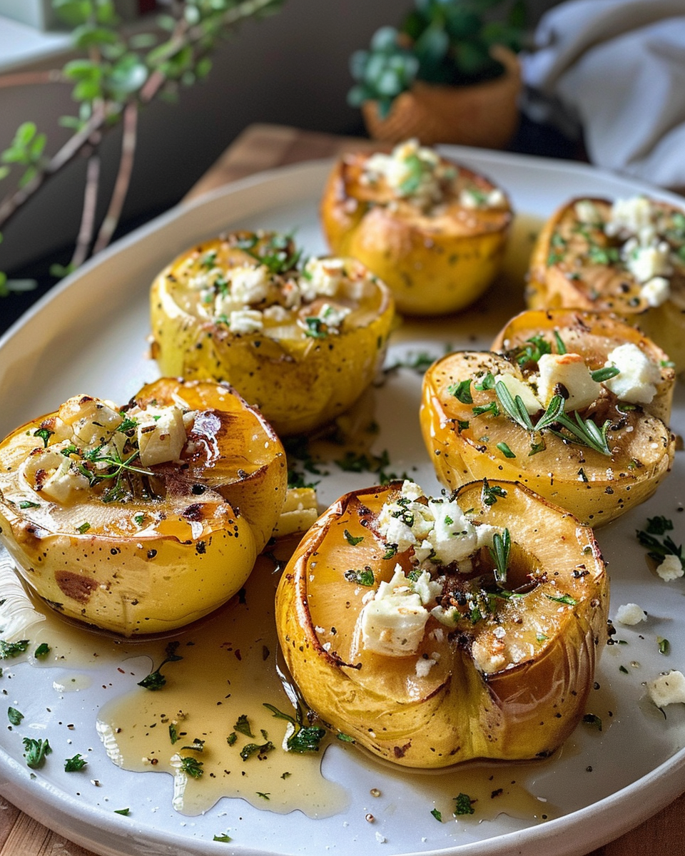 Close-up of a baked apple stuffed with feta and honey served on a rustic plate