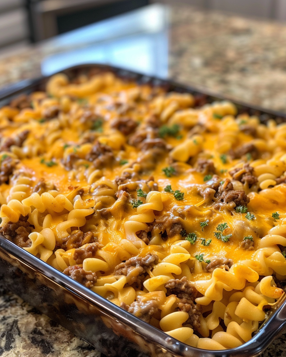 Cheesy beef noodle casserole cooking in pressure cooker