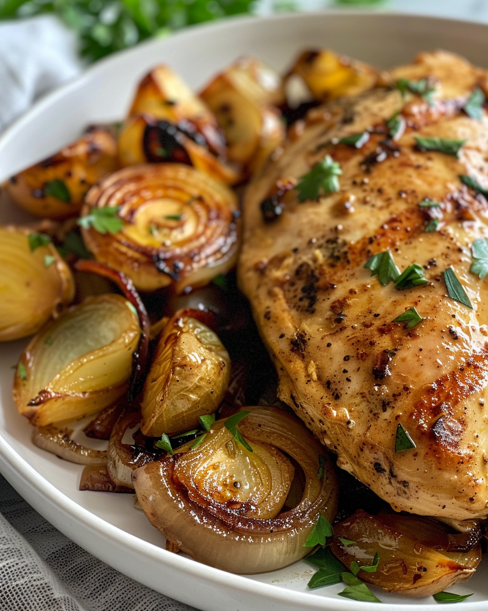 Ingredients for French onion chicken including onions, thyme, garlic, flour and white wine