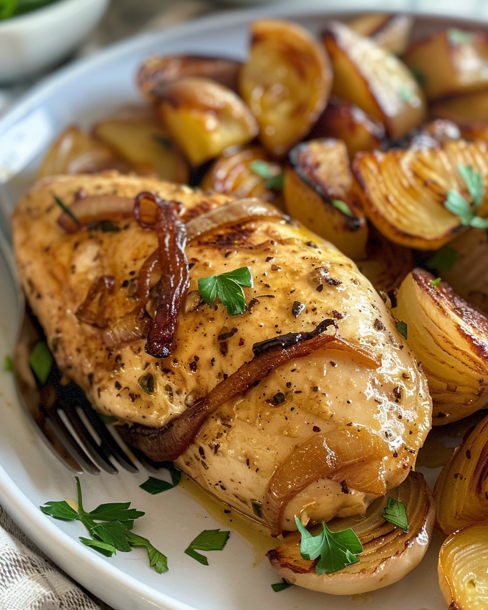 Serving French onion chicken with melty cheese and crusty bread