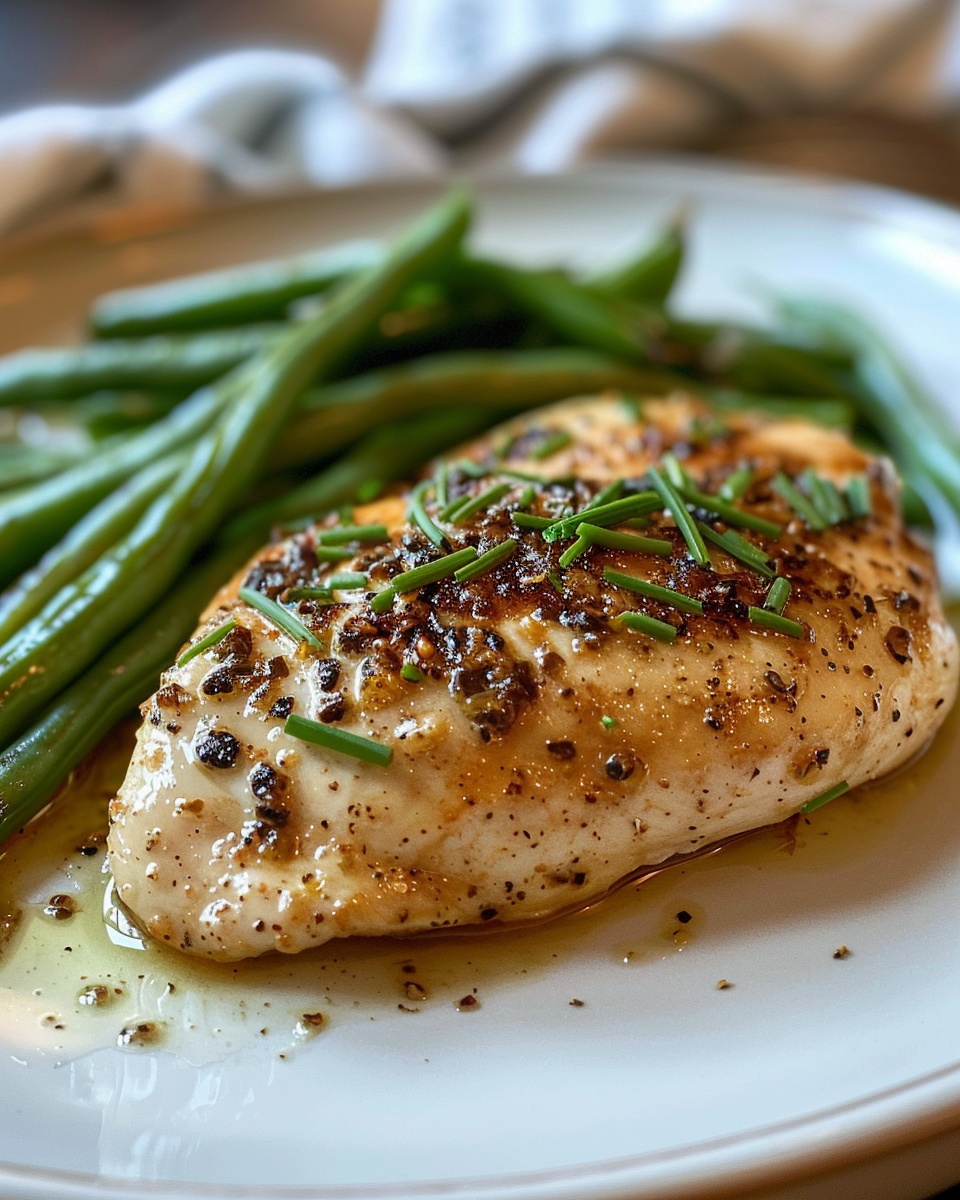 Final cooked chicken with stuffing and steamed green beans in serving dish