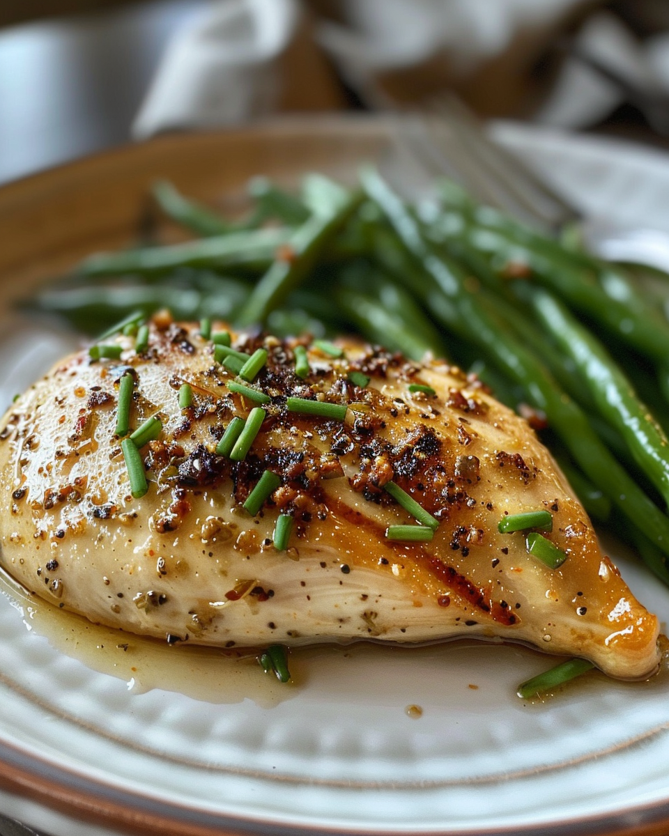 Pressure cooker with chicken breast and green beans in early cooking stage