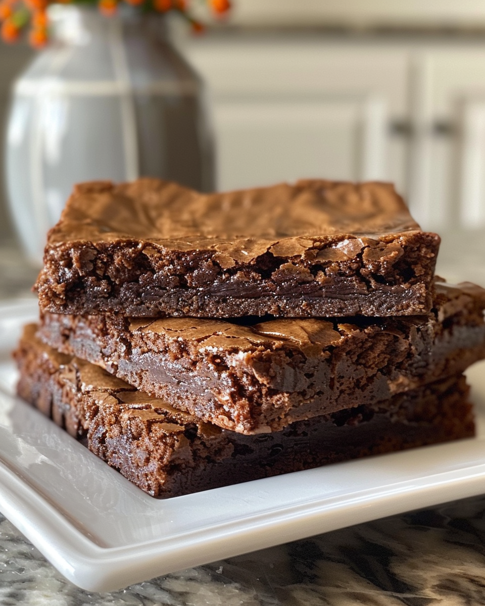 Fresh classic lunchroom brownies with glossy chocolate frosting