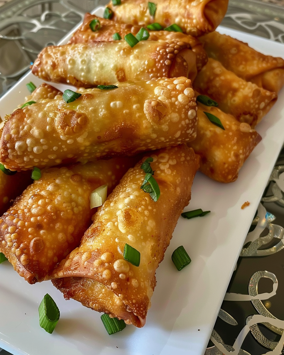 Serving plate with Crab Rangoon Egg Rolls and sides ready to eat