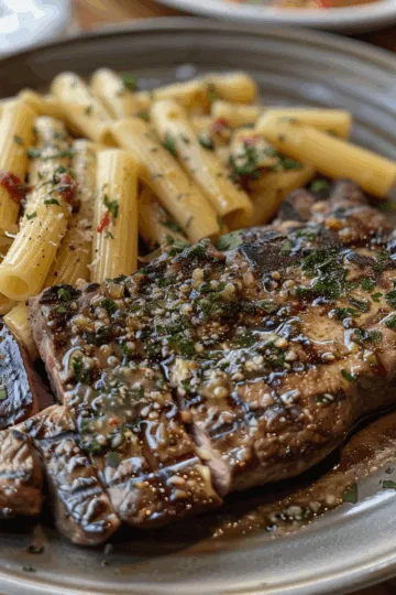 Garlic Butter Steak with Rigatoni taken with iphone 15 pro max --iw 2 --ar 4:5 --v 6.0 --raw
