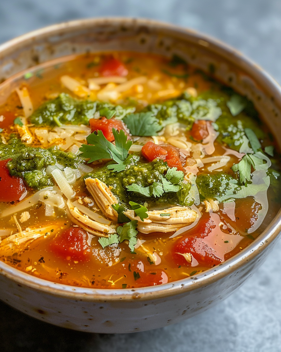 Finished Pressure Cooker Chicken Tortilla Soup served in bowl with toppings