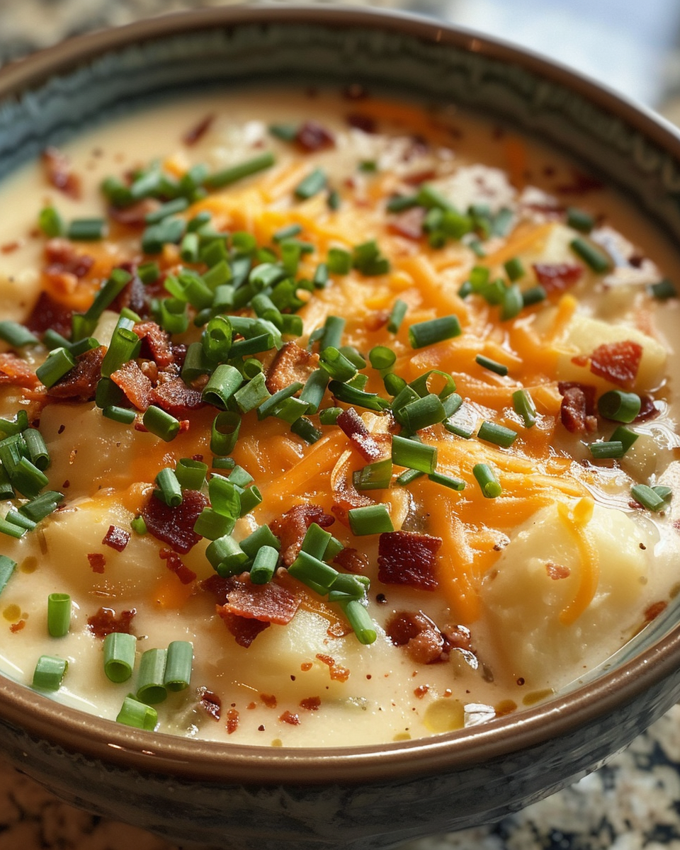 Ingredients laid out for loaded baked potato soup including bacon, potatoes, cream, and seasonings