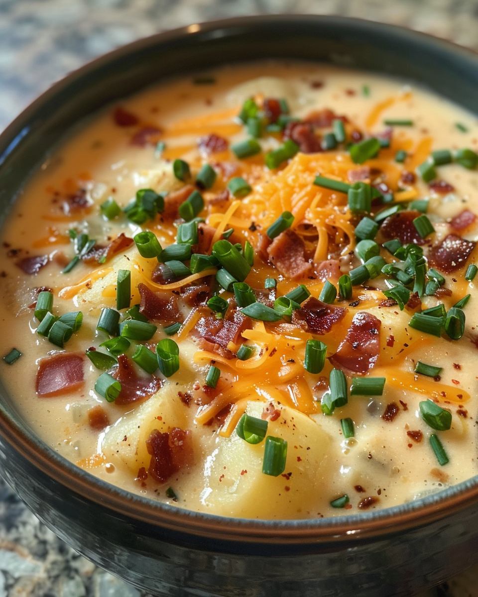 Creamy potato soup simmering in pressure cooker with bubbling surface