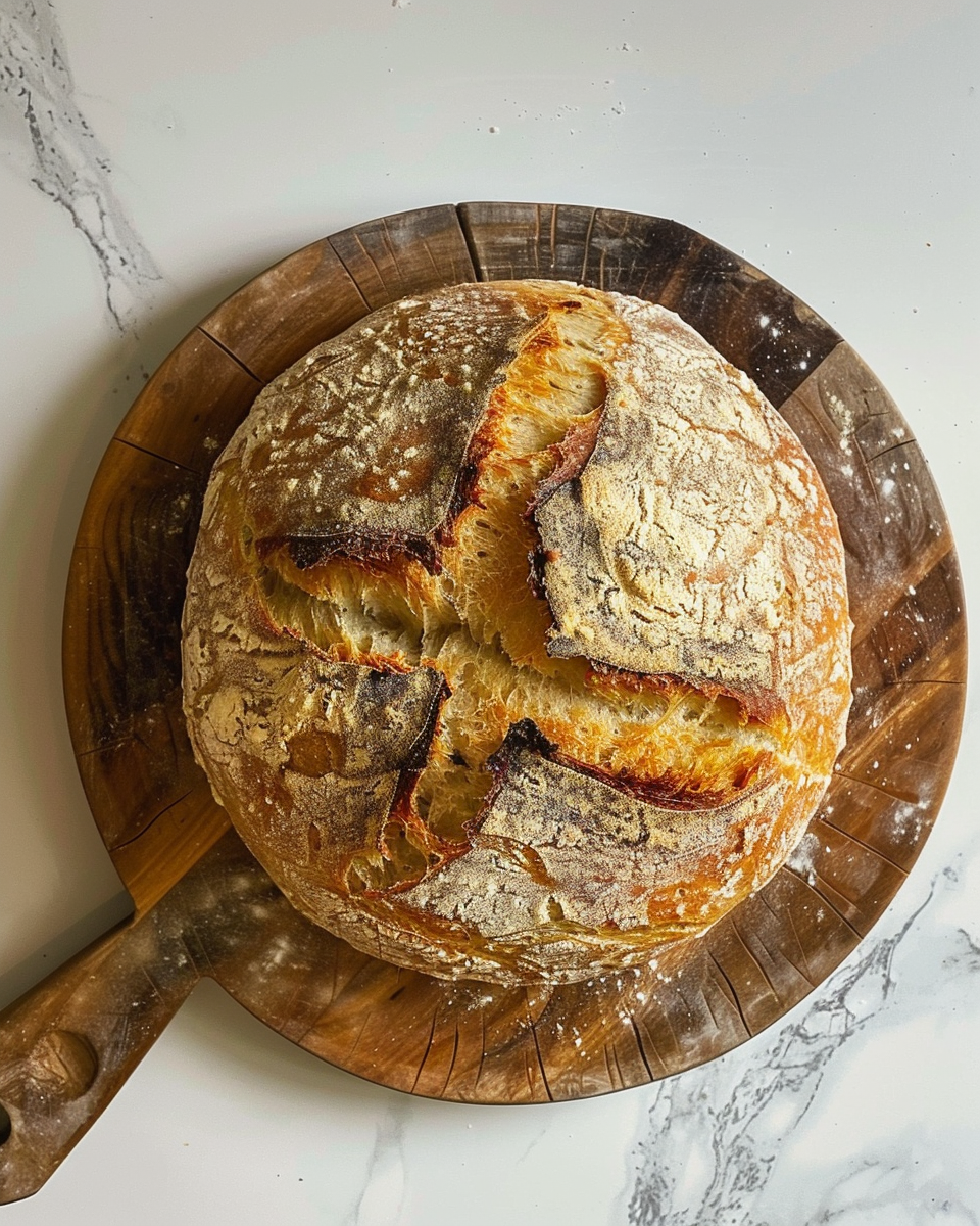 Slices of no-knead sourdough bread with cumin and coriander on a wooden board