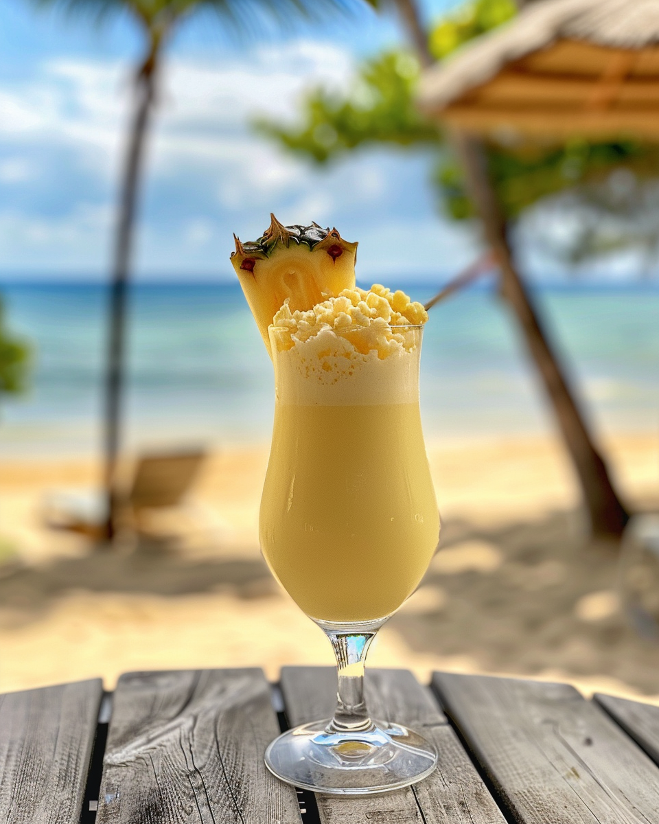 Finished pina colada cocktail served in a chilled glass with garnish
