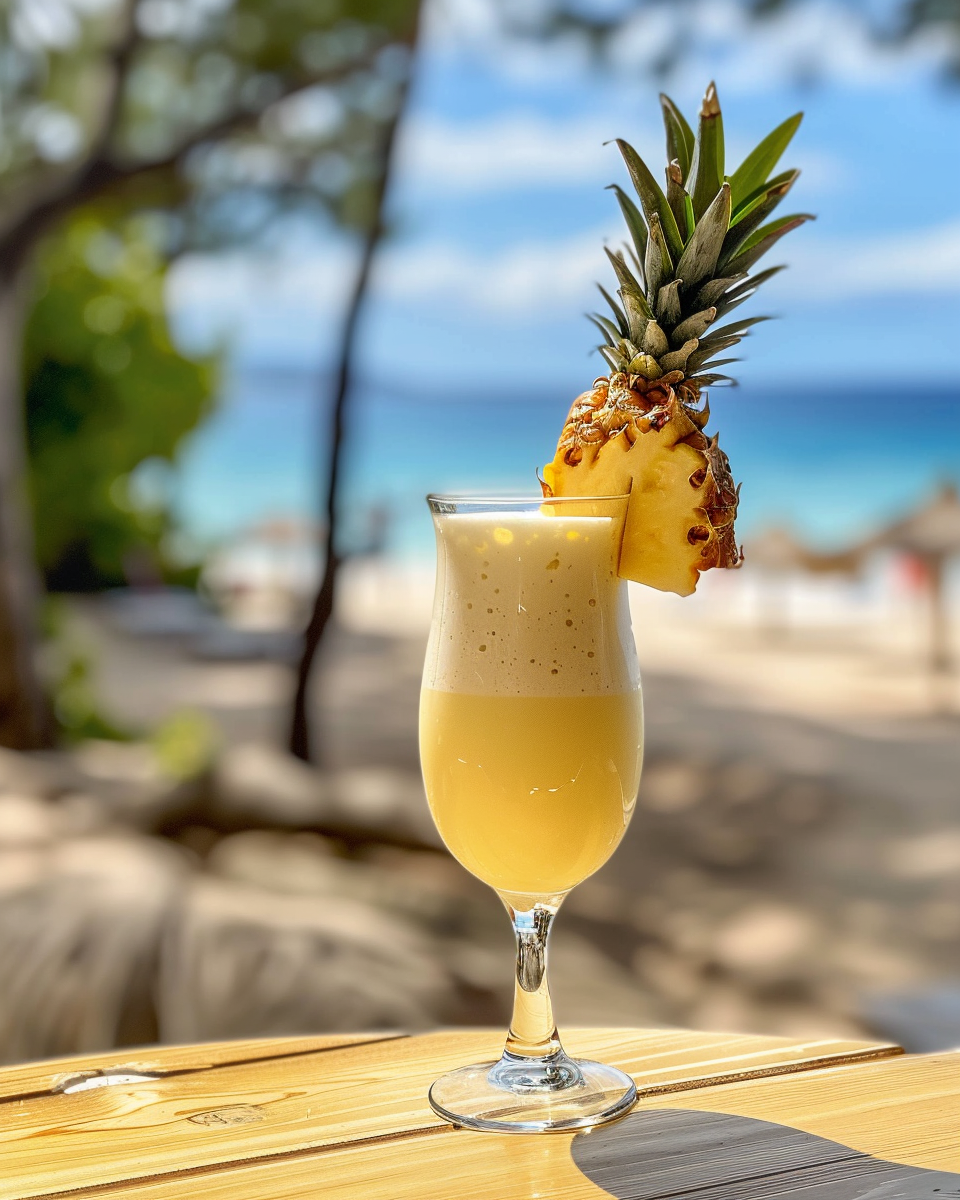 Refreshing pina colada drink with visible steam near float valve
