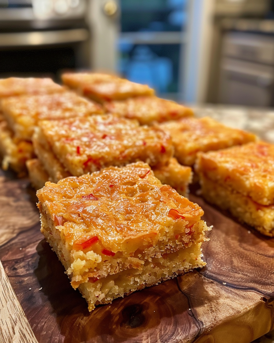 Freshly made pimento cheese squares in a kitchen setting