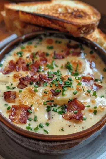 Potato Bacon Soup with Cheesy Toast taken with iphone 15 pro max --iw 2 --ar 4:5 --v 6.0 --raw
