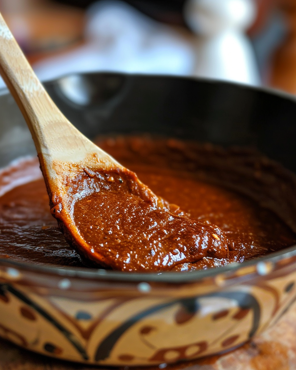 Final glossy red enchilada sauce served on enchiladas