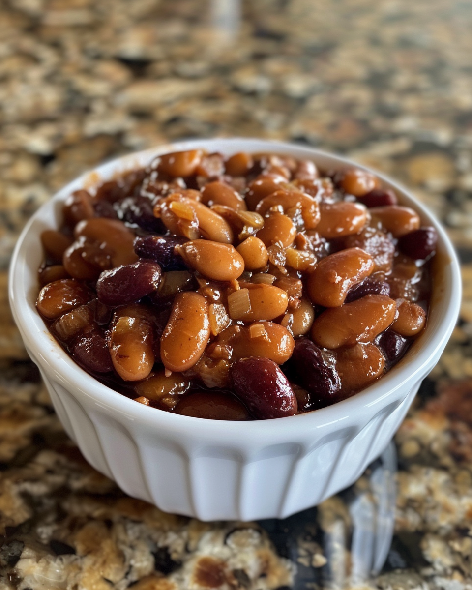 Mixing ingredients for root beer baked beans in skillet
