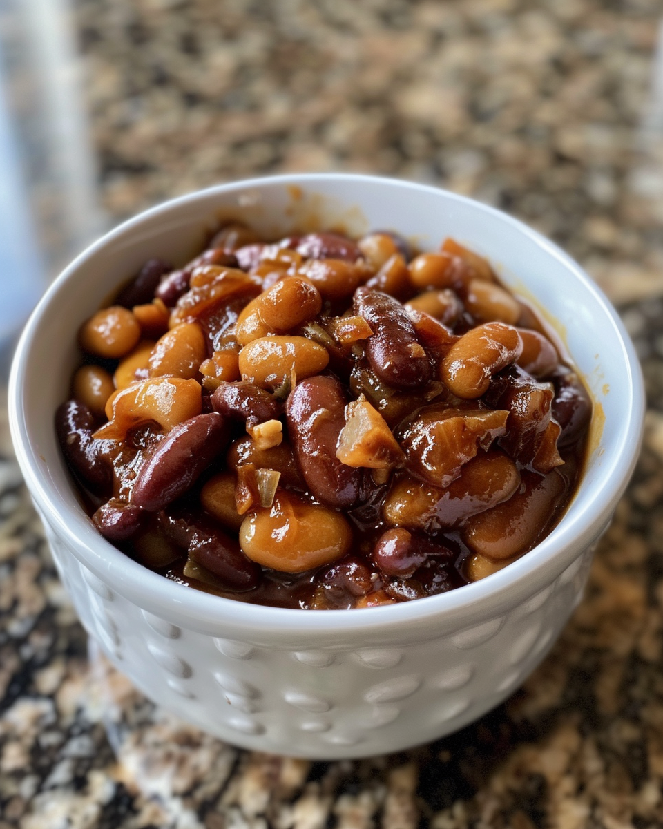 Root beer baked beans steaming in pot with smoky bacon flavor