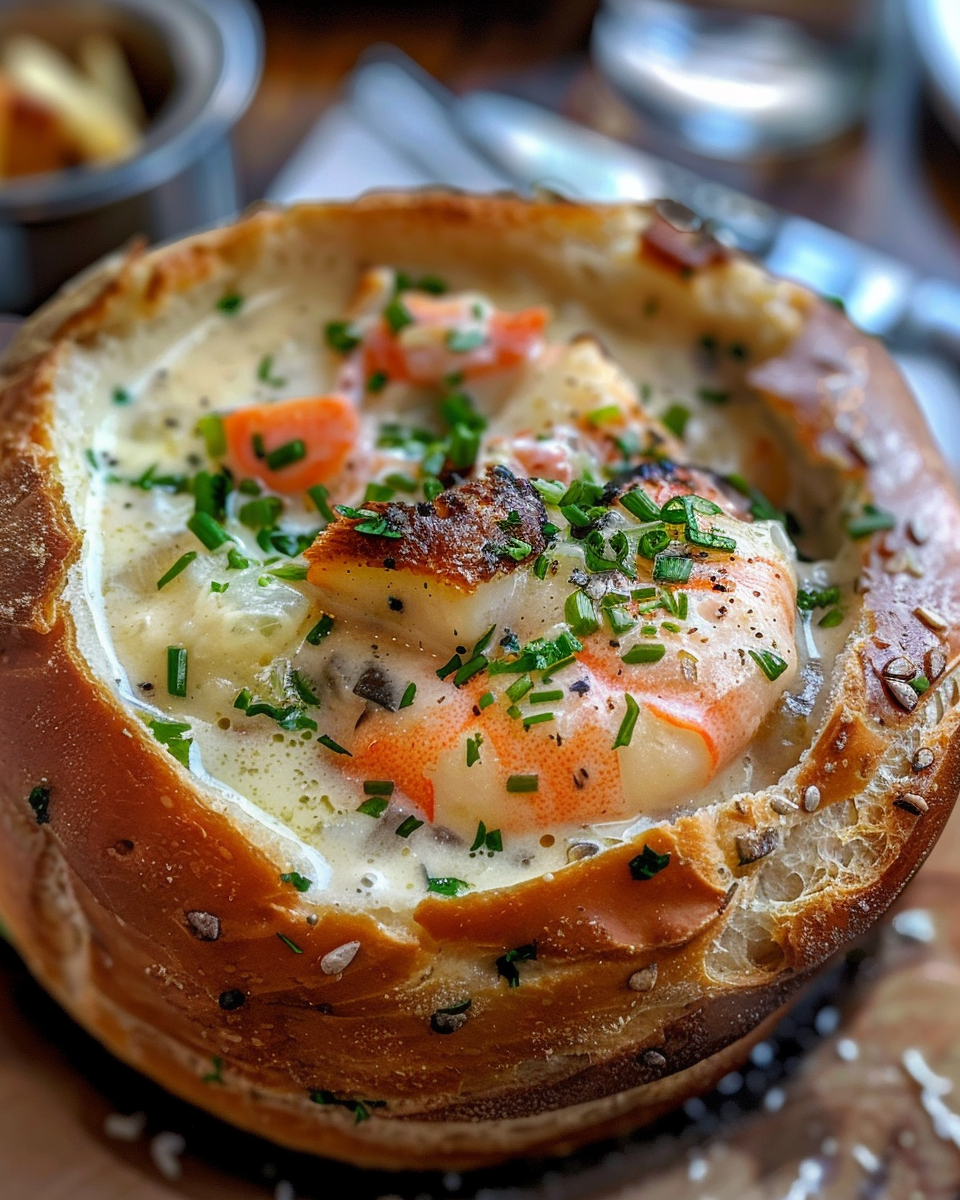 Seafood chowder simmering with rich broth in bread bowl